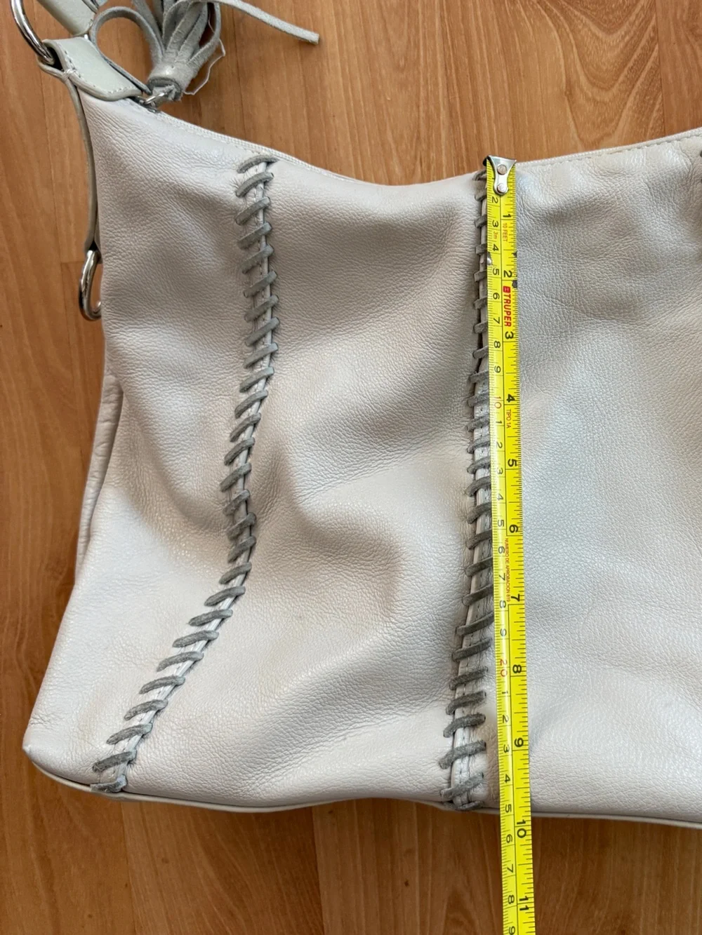 Vintage leather White Stitched Hobo Bag with Tassel